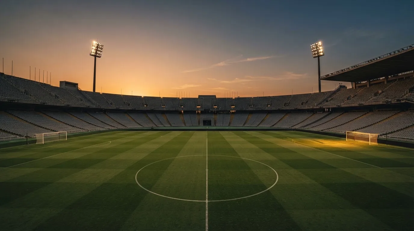 Un estadio de fútbol vacío con torres de iluminación al atardecer
