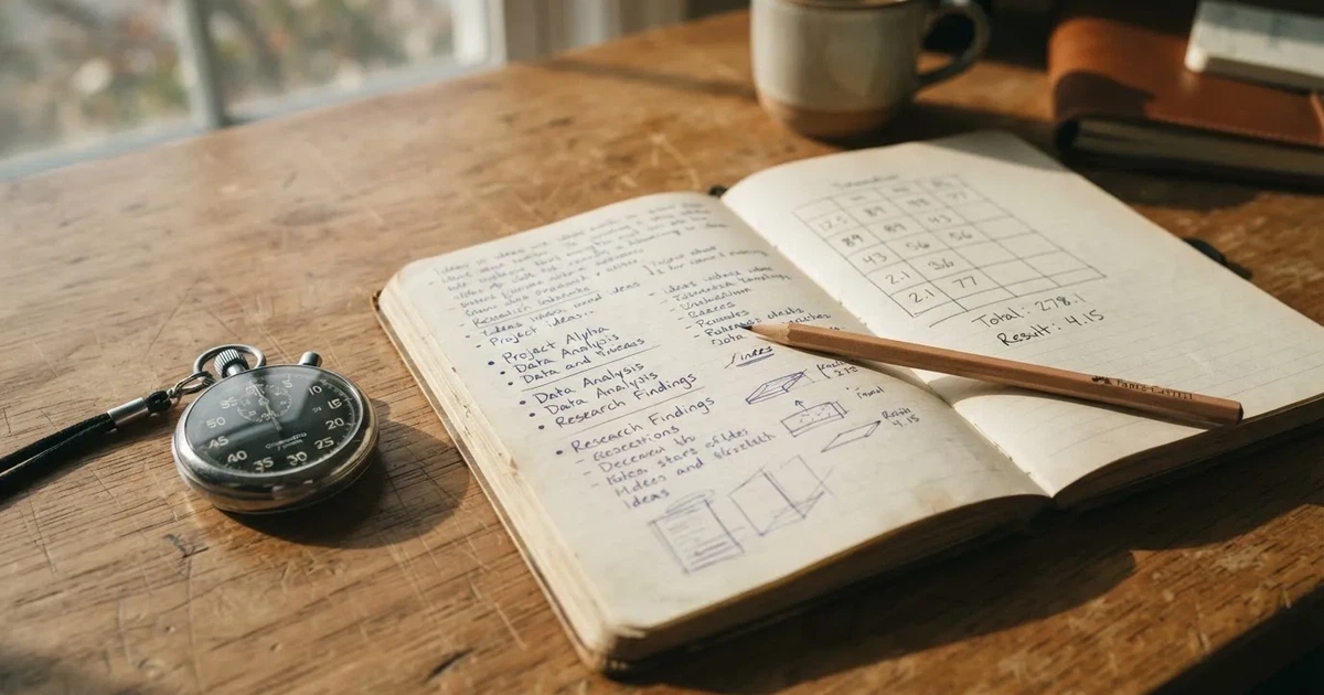 Un cuaderno abierto con un lápiz y un cronómetro sobre una mesa de madera