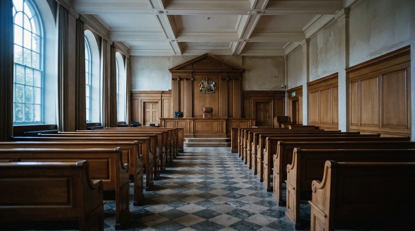Una sala de tribunal vacía con bancos de madera a la luz de la mañana