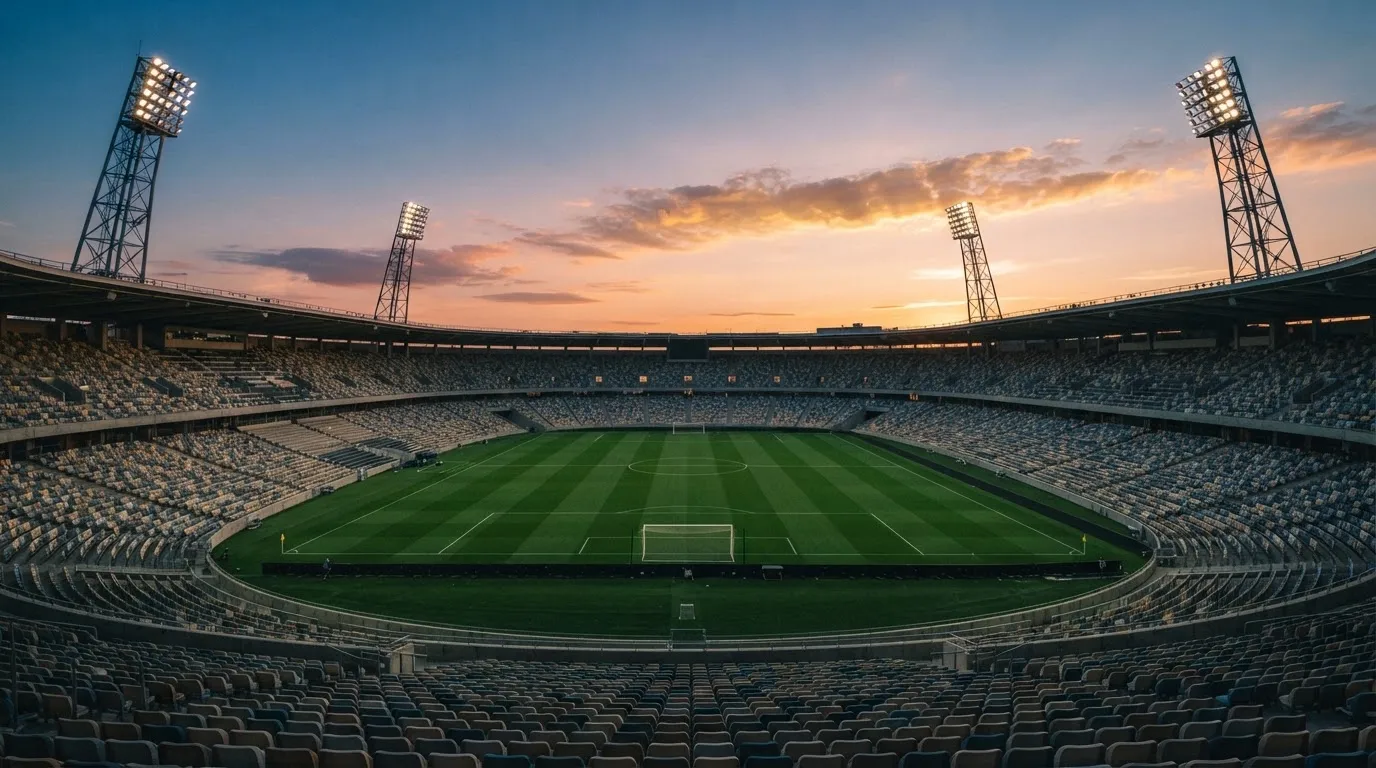 Un estadio de fútbol vacío con torres de iluminación al atardecer