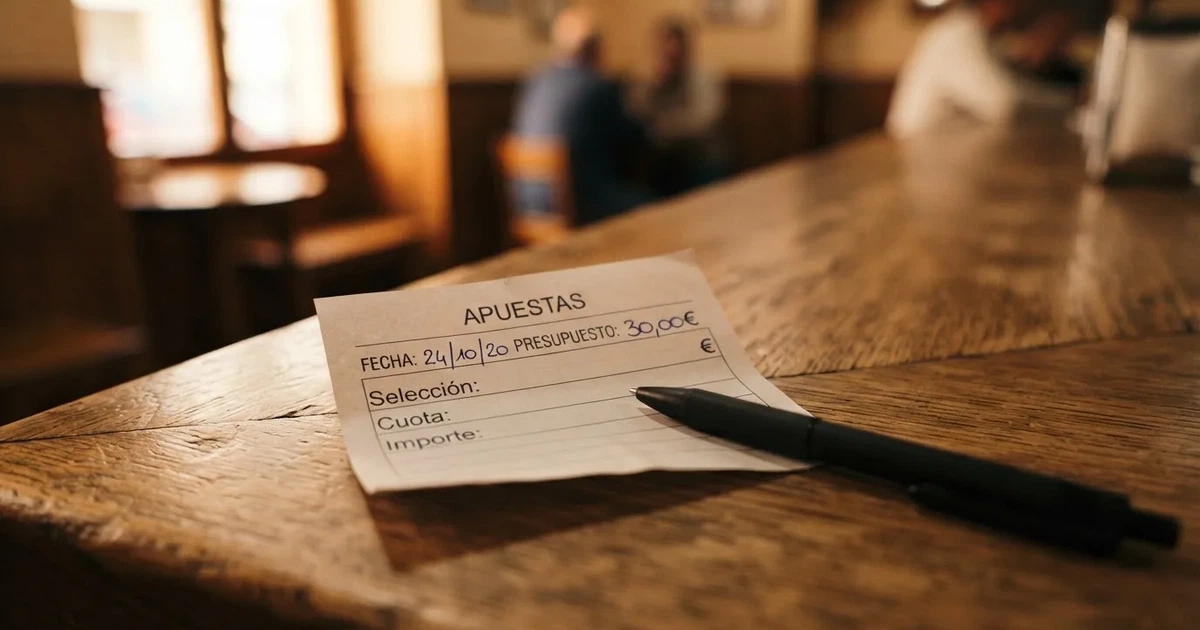 Un boleto de papel en blanco junto a un bolígrafo sobre un mostrador de madera