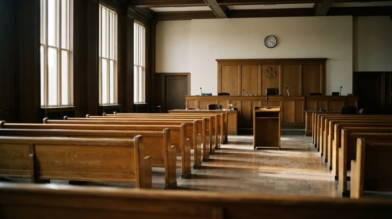 Una sala de tribunal vacía con bancos de madera a la luz de la mañana