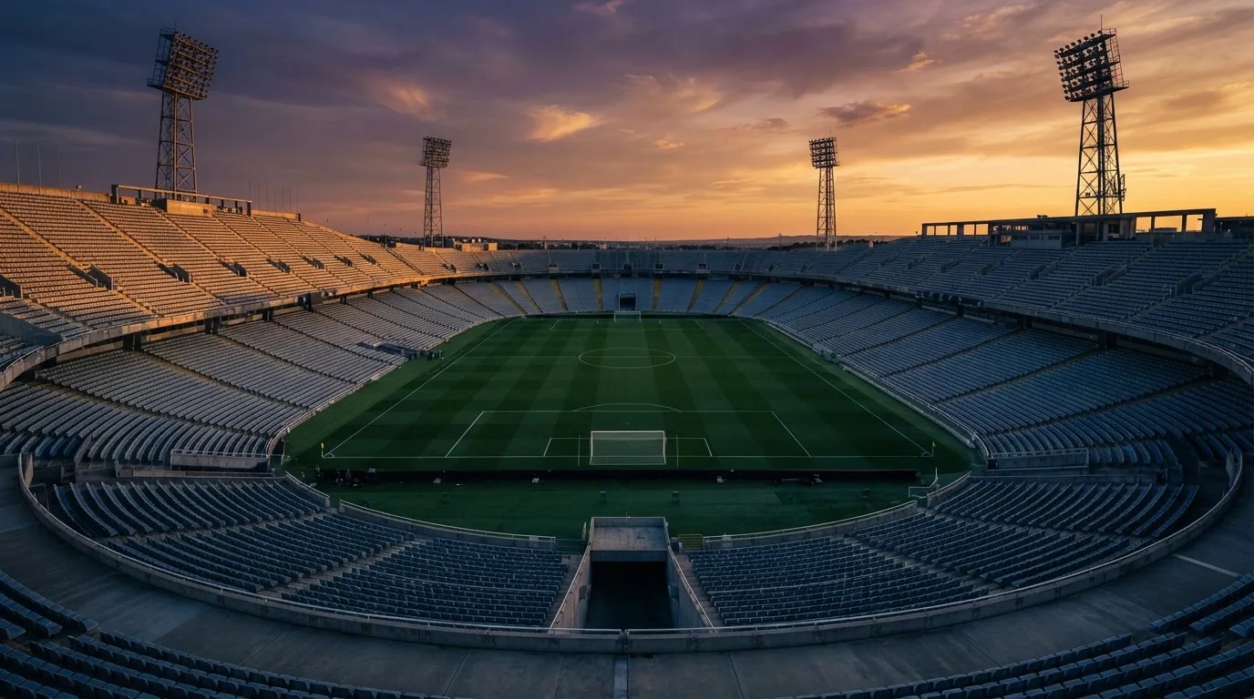 Un estadio de fútbol vacío con torres de iluminación al atardecer