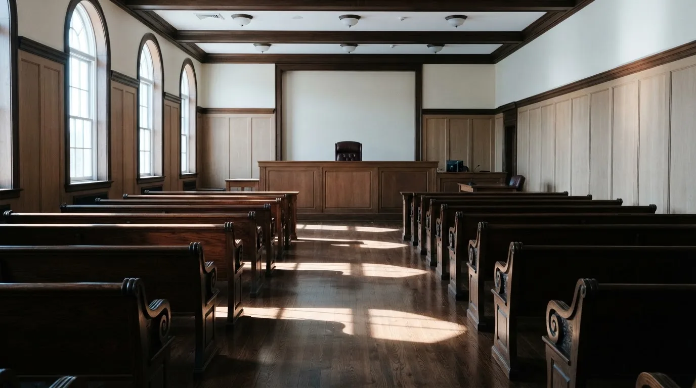 Una sala de tribunal vacía con bancos de madera a la luz de la mañana