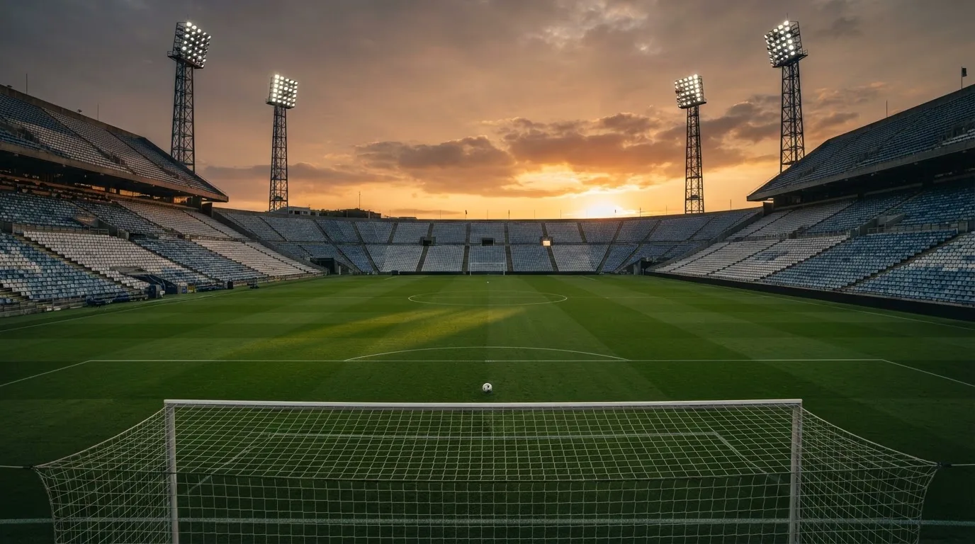 Un estadio de fútbol vacío con torres de iluminación al atardecer