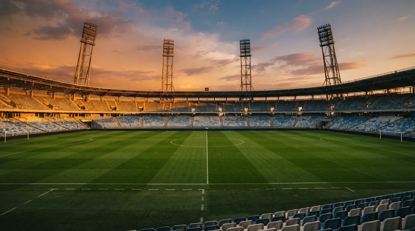 Un estadio de fútbol vacío con torres de iluminación al atardecer