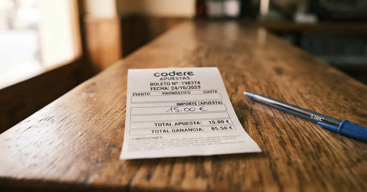 Un boleto de papel en blanco junto a un bolígrafo sobre un mostrador de madera