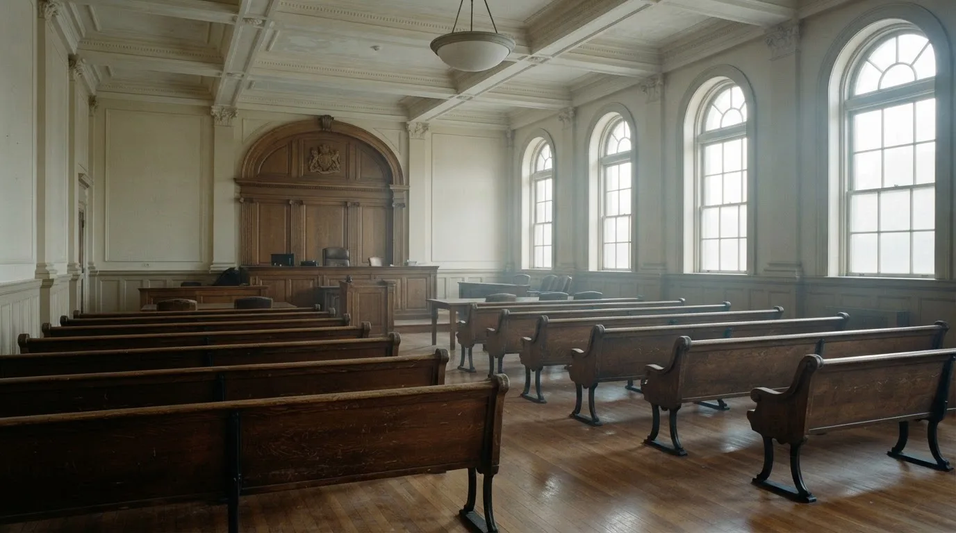 Una sala de tribunal vacía con bancos de madera a la luz de la mañana