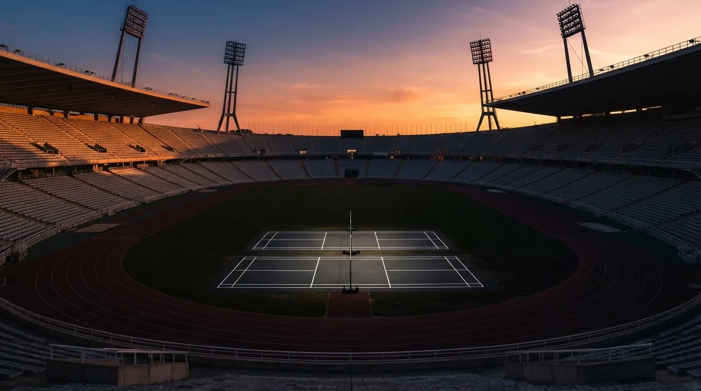 Un estadio de fútbol vacío con torres de iluminación al atardecer