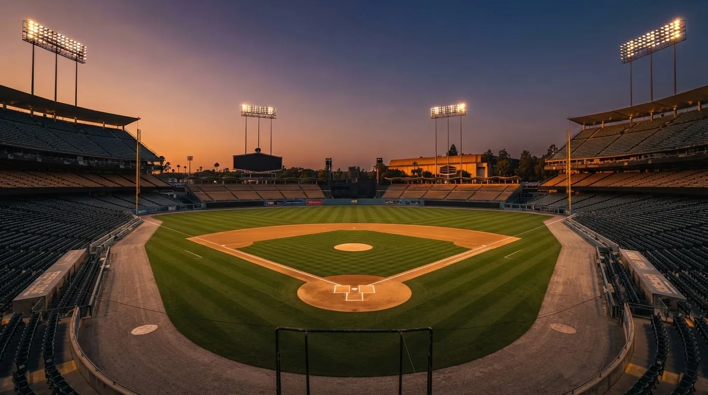 Un estadio de fútbol vacío con torres de iluminación al atardecer
