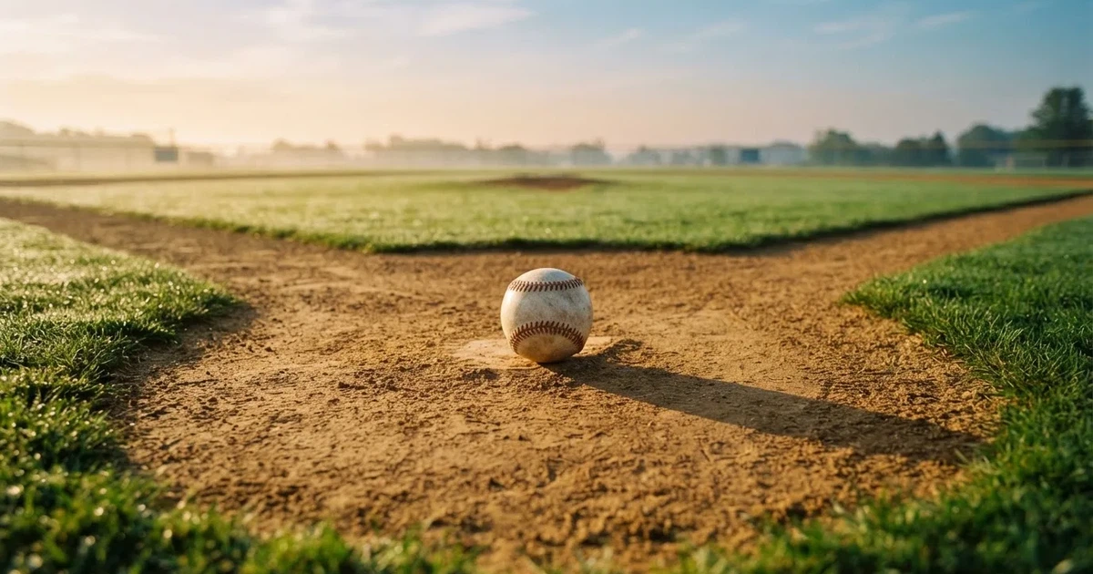 Un balón en el punto central de un campo de césped a la luz de la mañana