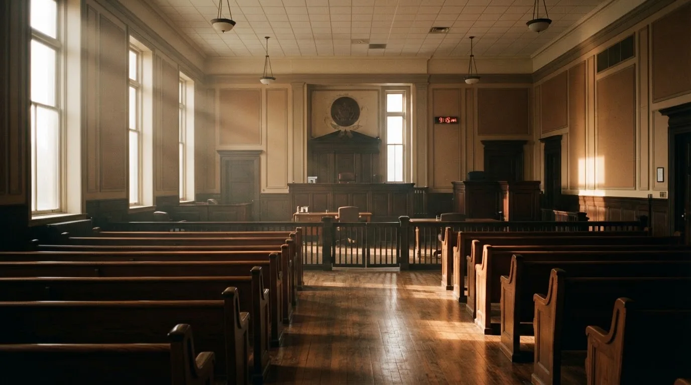 Una sala de tribunal vacía con bancos de madera a la luz de la mañana