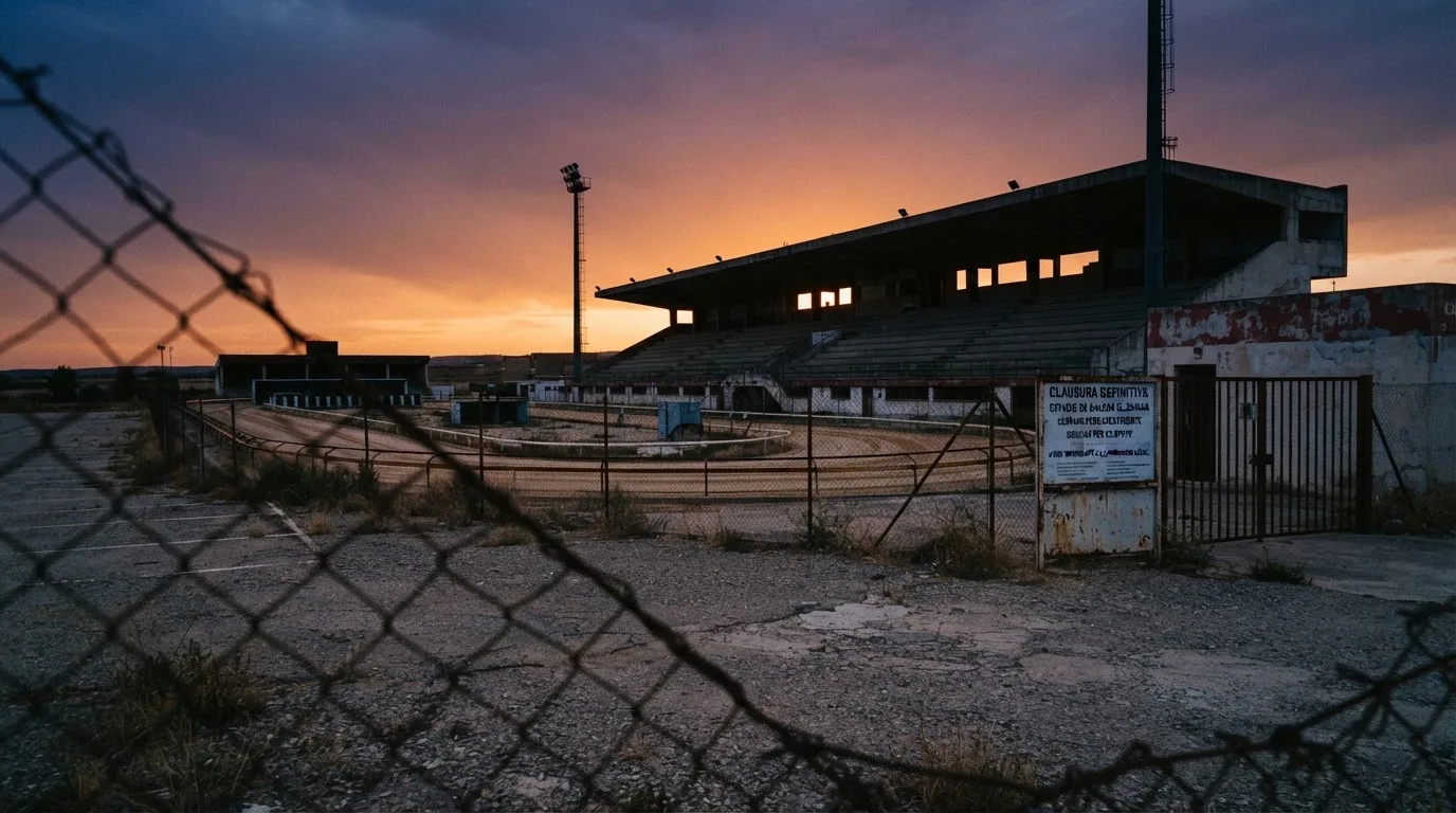 Un estadio de fútbol vacío con torres de iluminación al atardecer