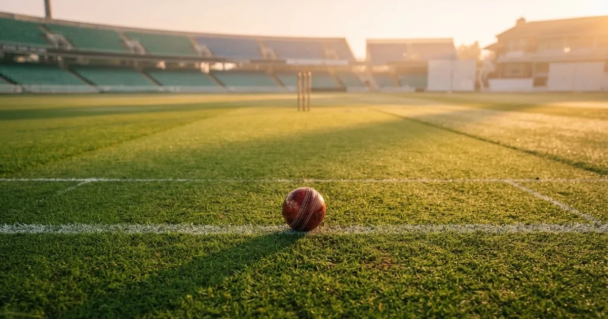 Un balón en el punto central de un campo de césped a la luz de la mañana