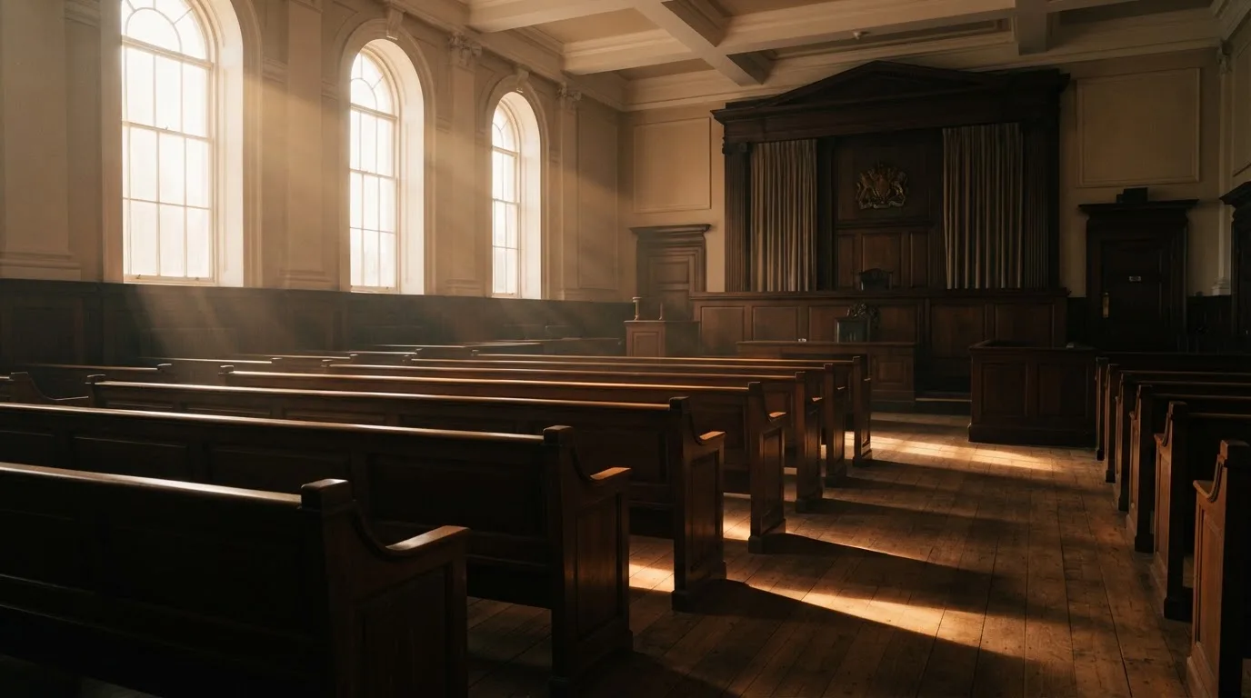Una sala de tribunal vacía con bancos de madera a la luz de la mañana