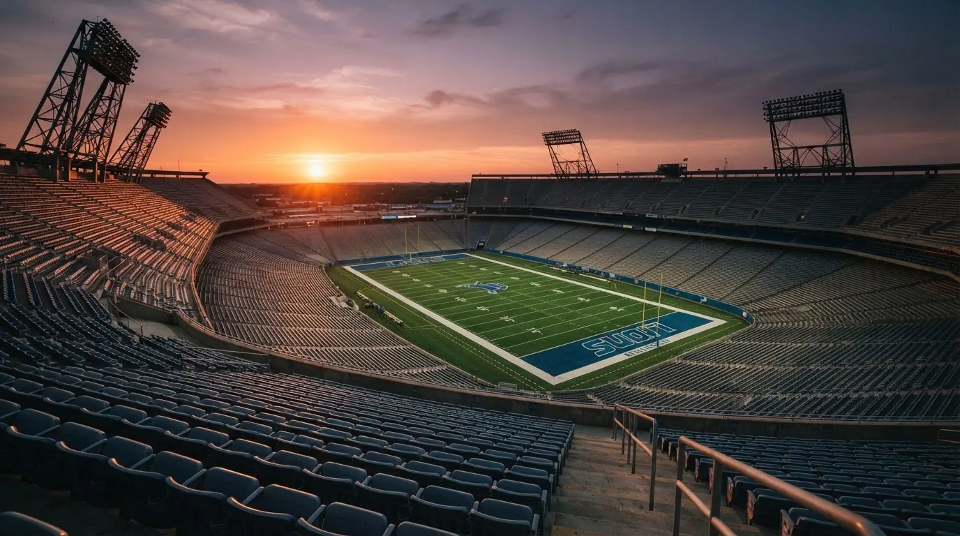 Un estadio de fútbol vacío con torres de iluminación al atardecer