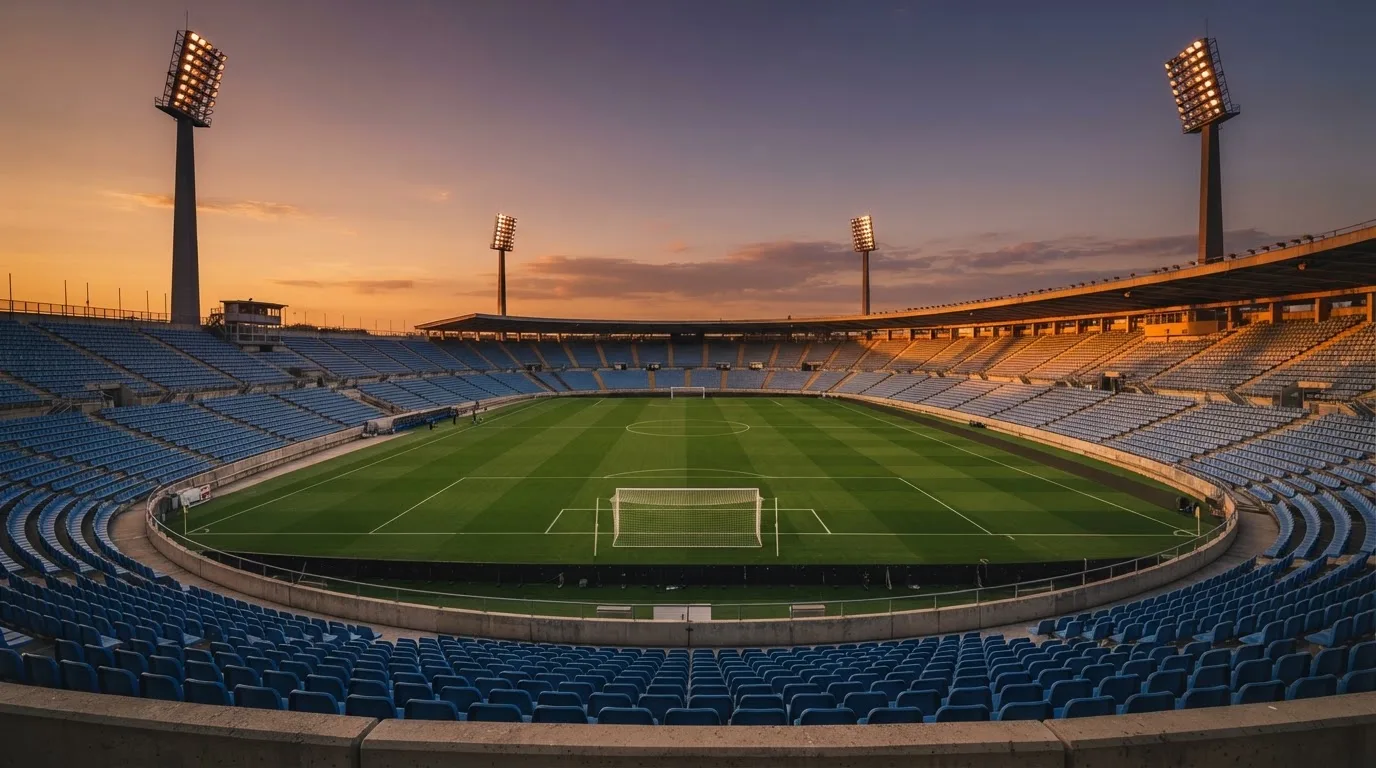 Un estadio de fútbol vacío con torres de iluminación al atardecer