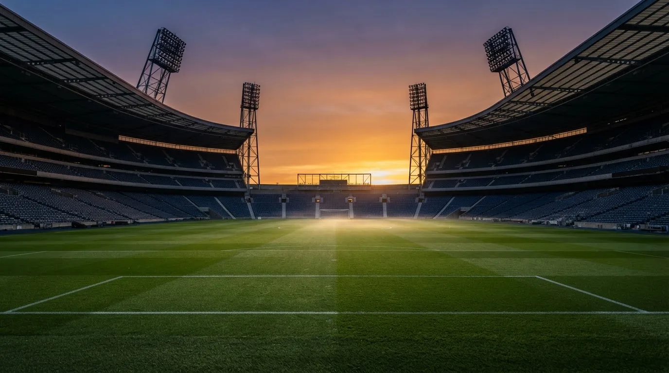 Un estadio de fútbol vacío con torres de iluminación al atardecer