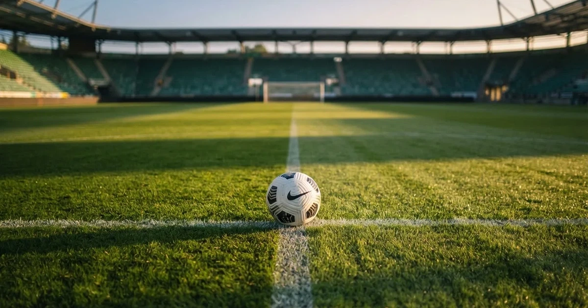 Un balón en el punto central de un campo de césped a la luz de la mañana