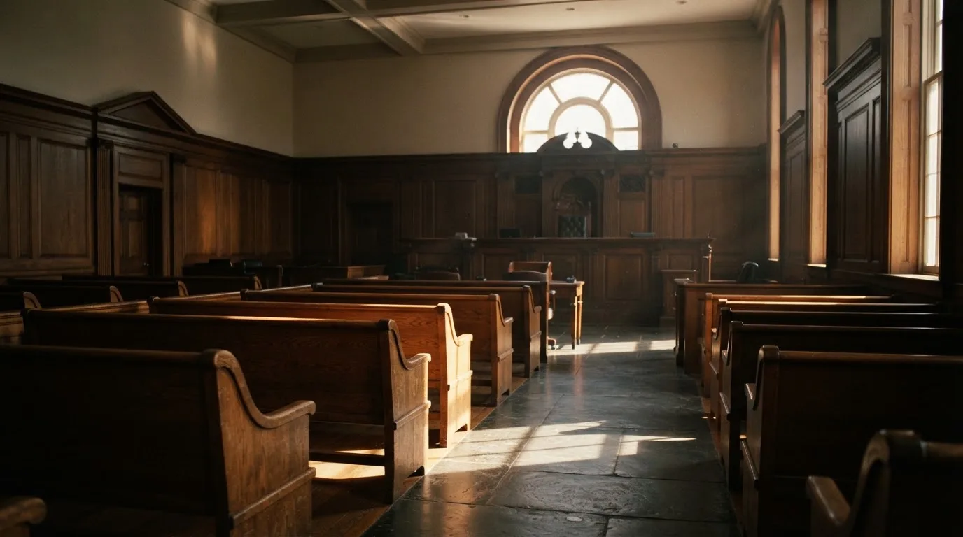 Una sala de tribunal vacía con bancos de madera a la luz de la mañana