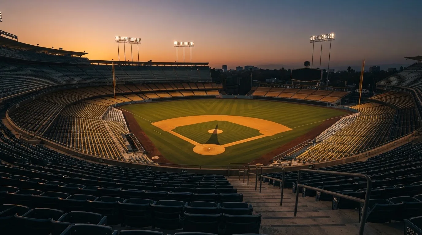 Un estadio de fútbol vacío con torres de iluminación al atardecer