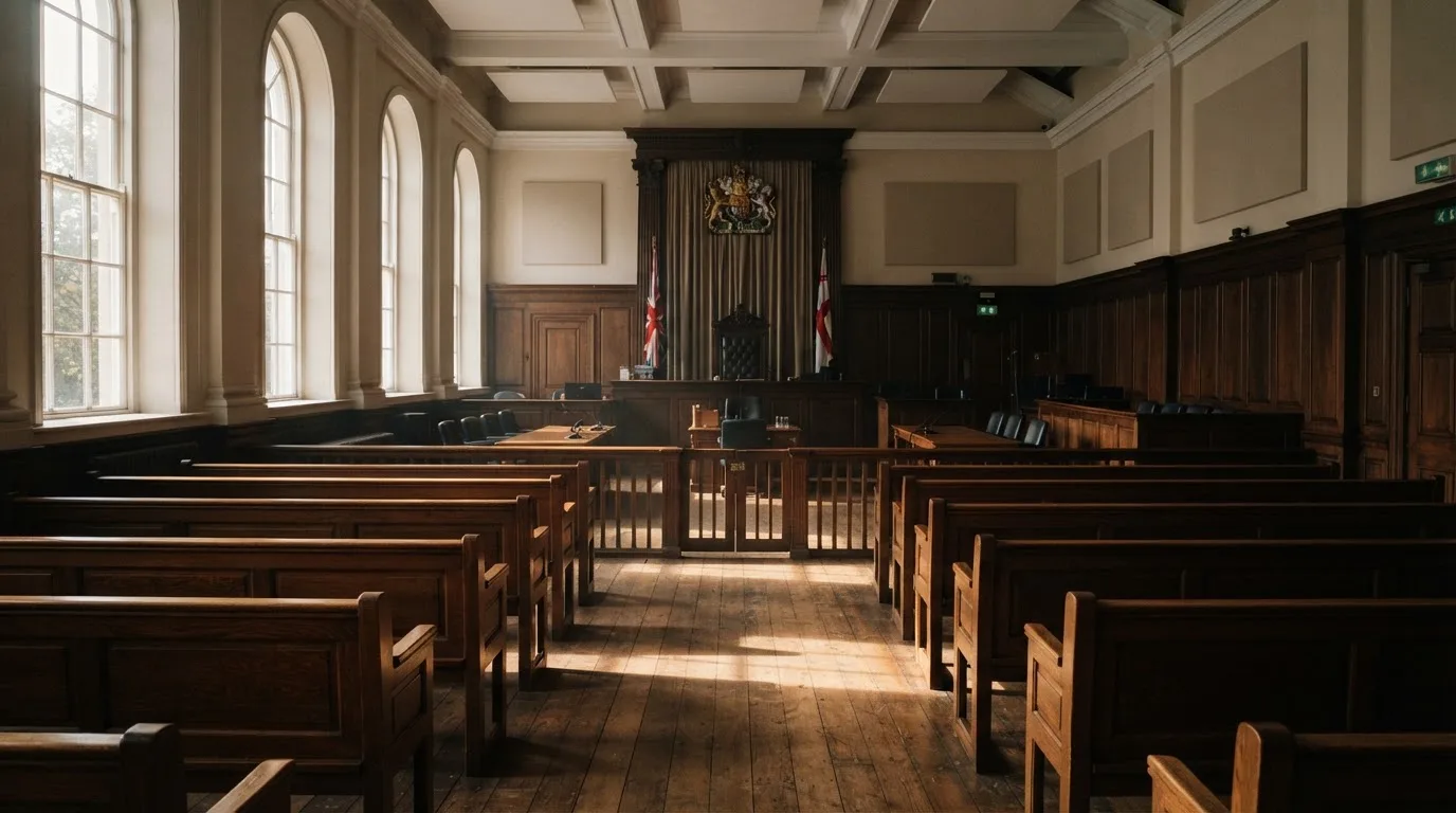 Una sala de tribunal vacía con bancos de madera a la luz de la mañana