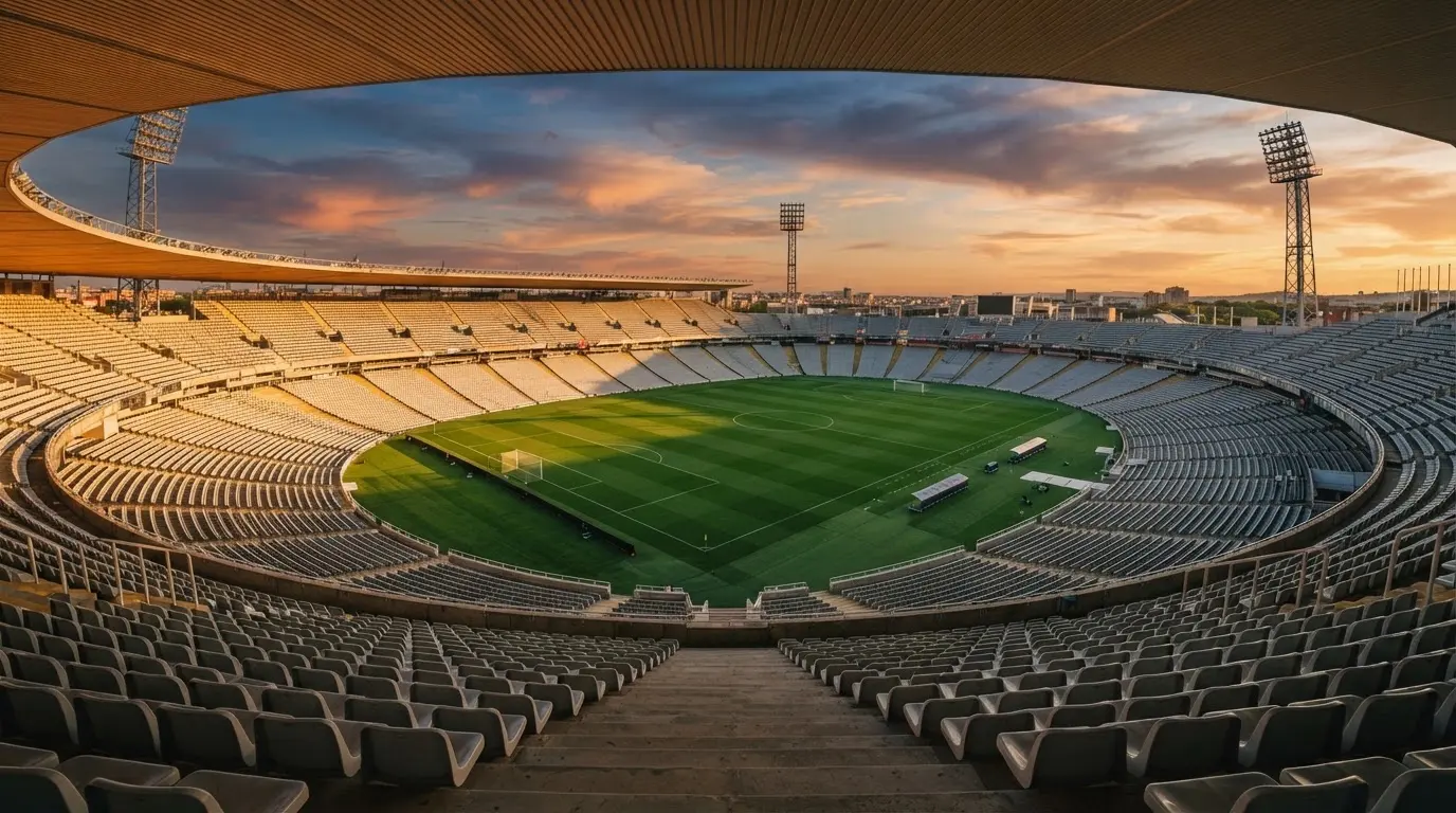Un estadio de fútbol vacío con torres de iluminación al atardecer