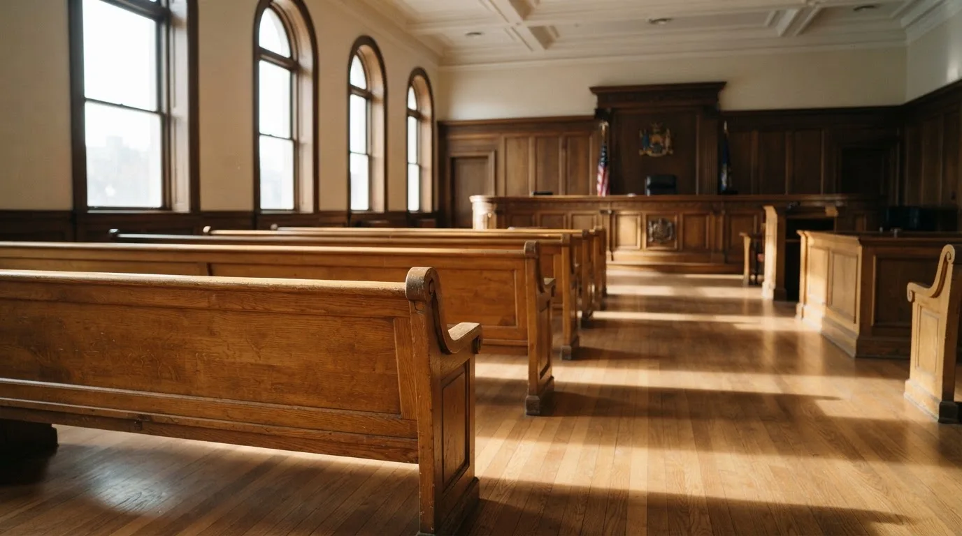 Una sala de tribunal vacía con bancos de madera a la luz de la mañana