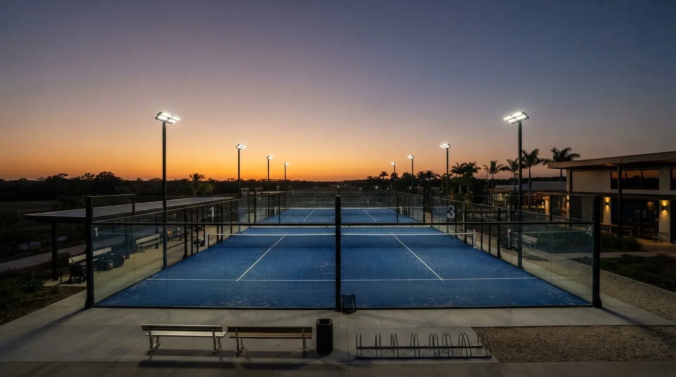 Un estadio de fútbol vacío con torres de iluminación al atardecer
