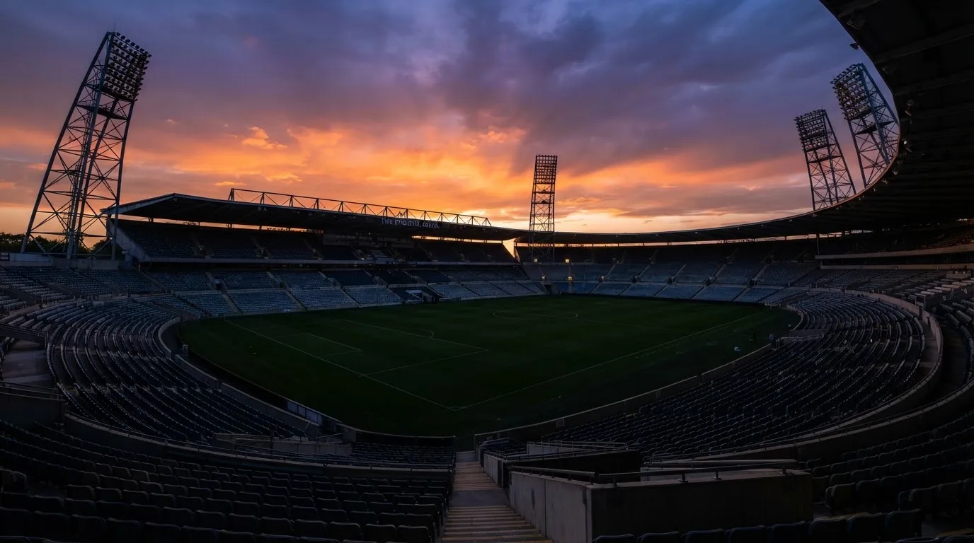 Un estadio de fútbol vacío con torres de iluminación al atardecer