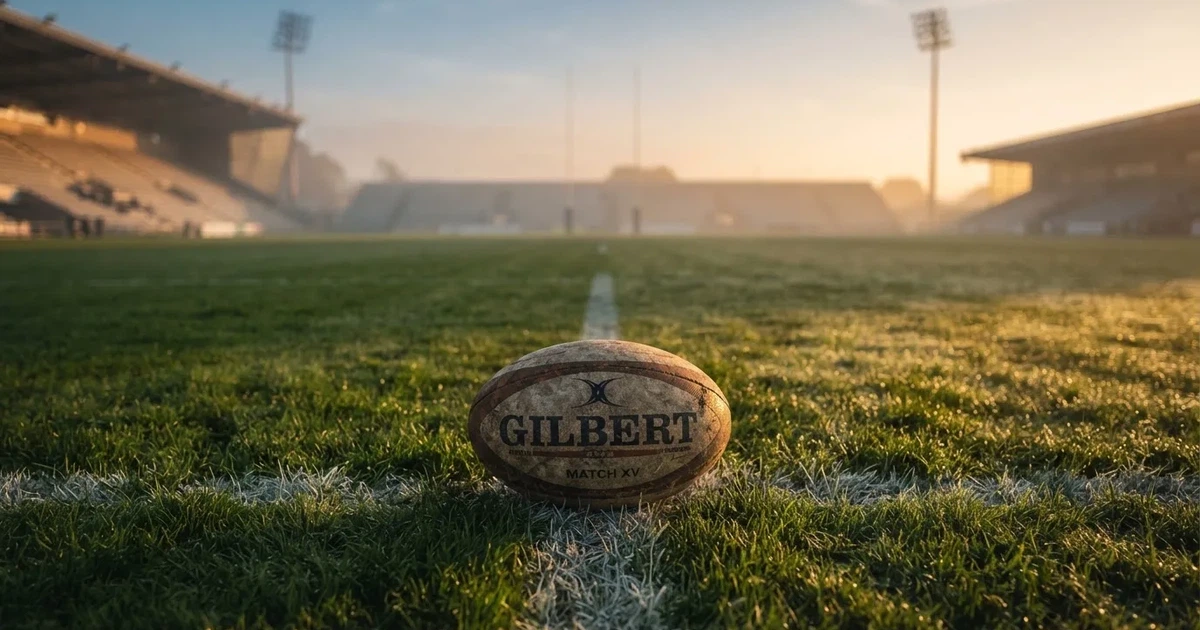 Un balón en el punto central de un campo de césped a la luz de la mañana