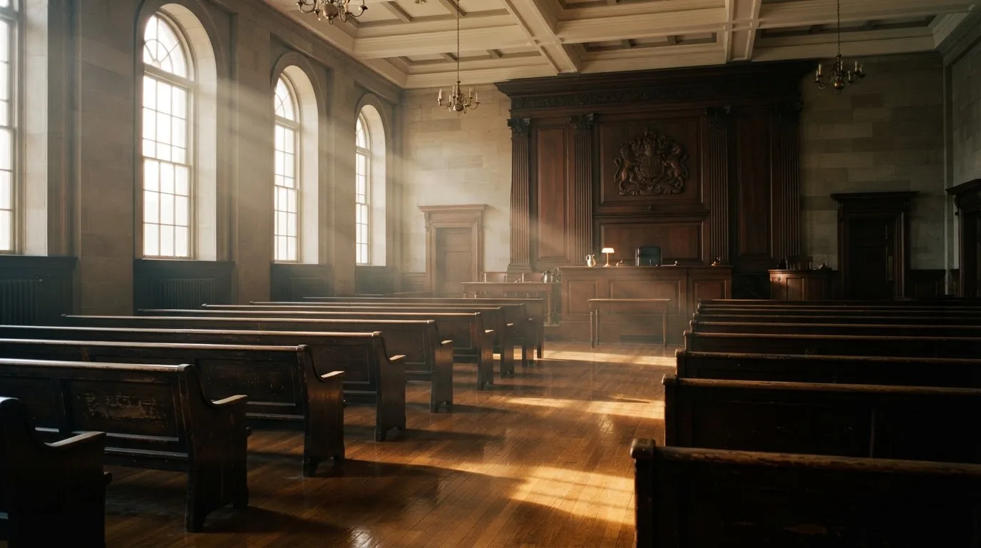 Una sala de tribunal vacía con bancos de madera a la luz de la mañana