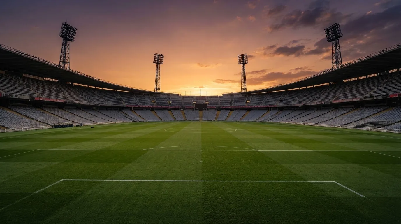 Un estadio de fútbol vacío con torres de iluminación al atardecer