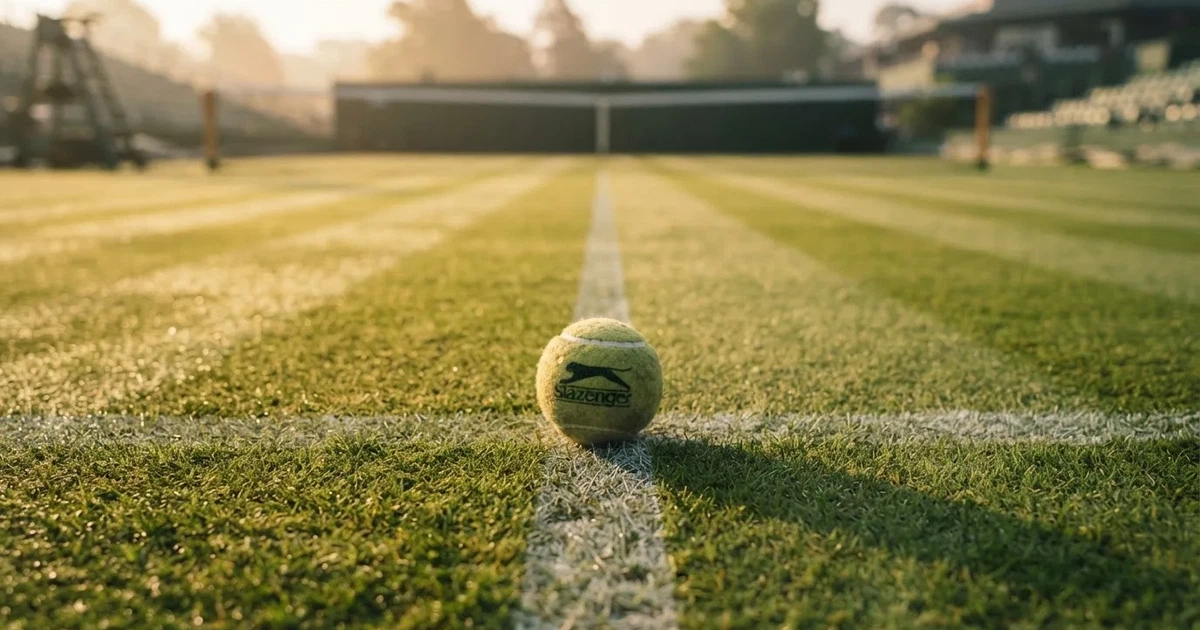 Un balón en el punto central de un campo de césped a la luz de la mañana
