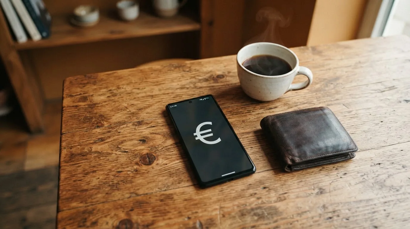 Un móvil sobre una mesa de madera junto a una cartera y una taza de café