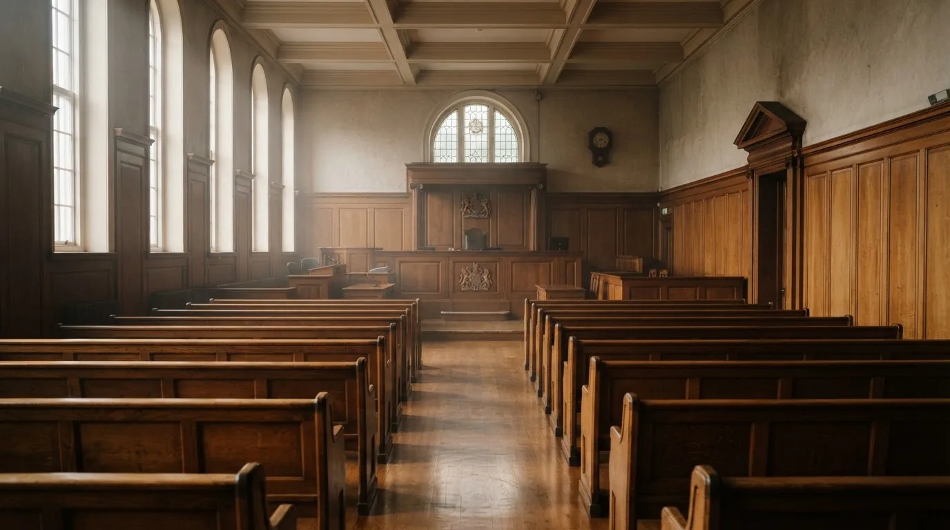 Una sala de tribunal vacía con bancos de madera a la luz de la mañana