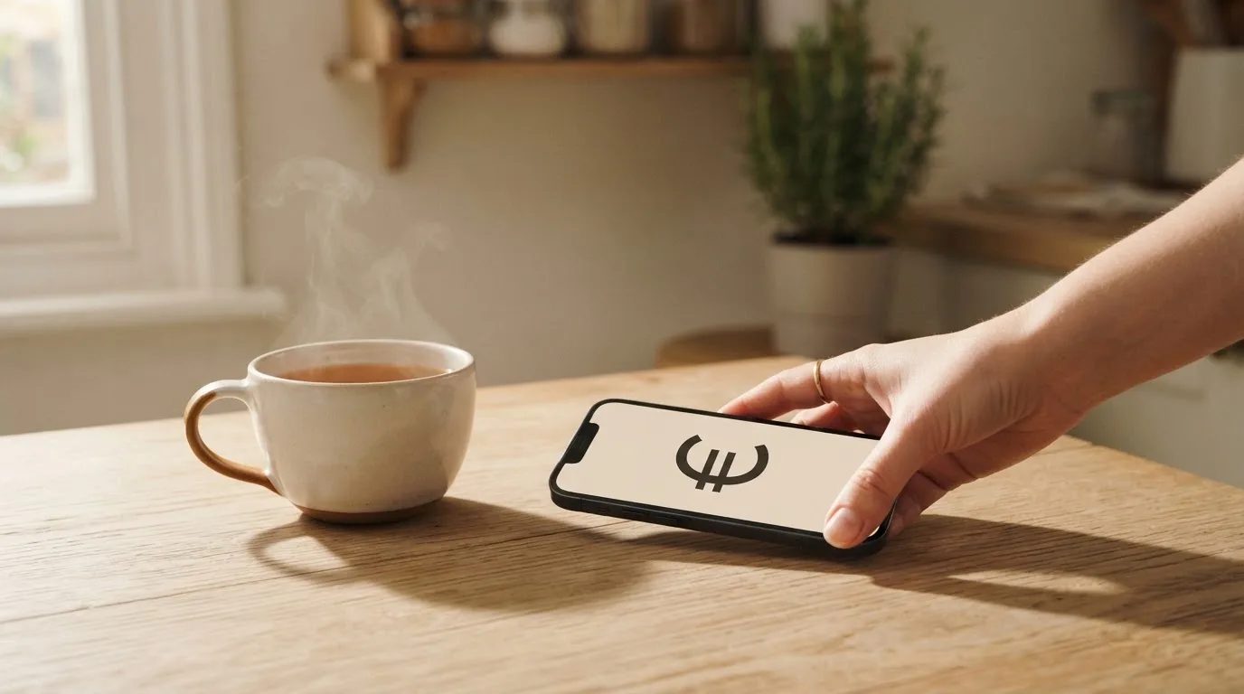 Una mano deja un móvil junto a una taza de té sobre la mesa de la cocina, una tarde tranquila