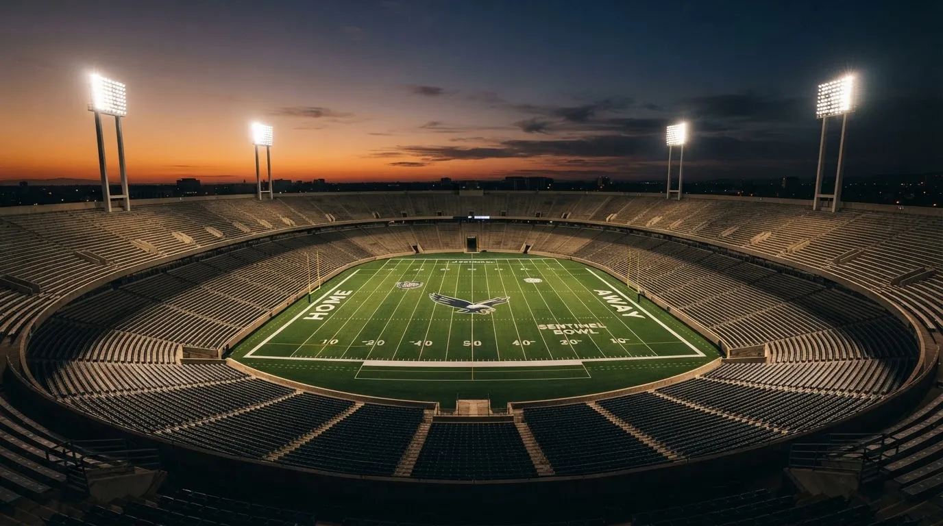 Un estadio de fútbol vacío con torres de iluminación al atardecer