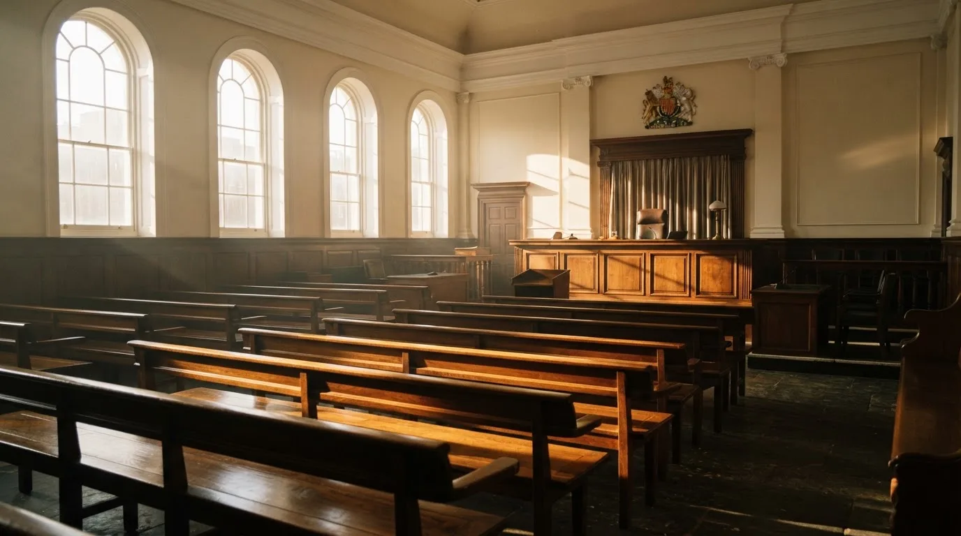 Una sala de tribunal vacía con bancos de madera a la luz de la mañana