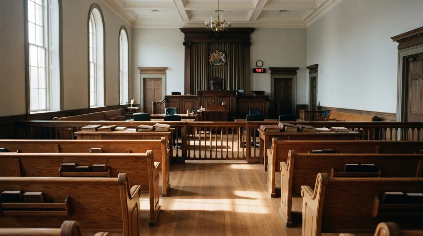 Una sala de tribunal vacía con bancos de madera a la luz de la mañana