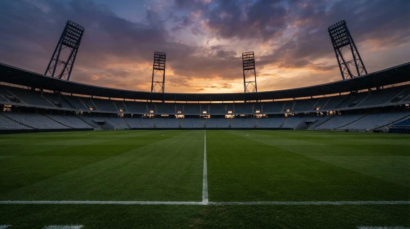 Un estadio de fútbol vacío con torres de iluminación al atardecer