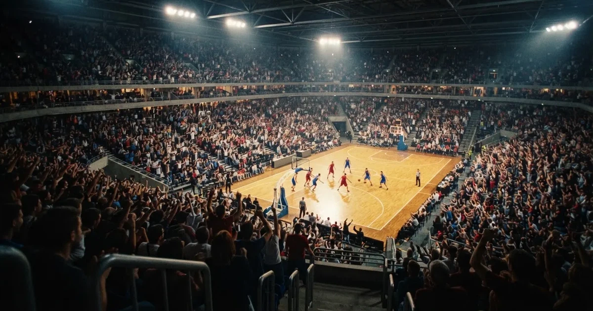 Un pabellón deportivo lleno bajo los focos, fotografiado desde muy lejos