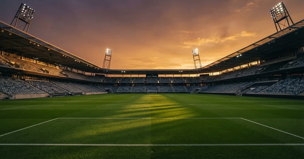 Un estadio de fútbol vacío con torres de iluminación al atardecer