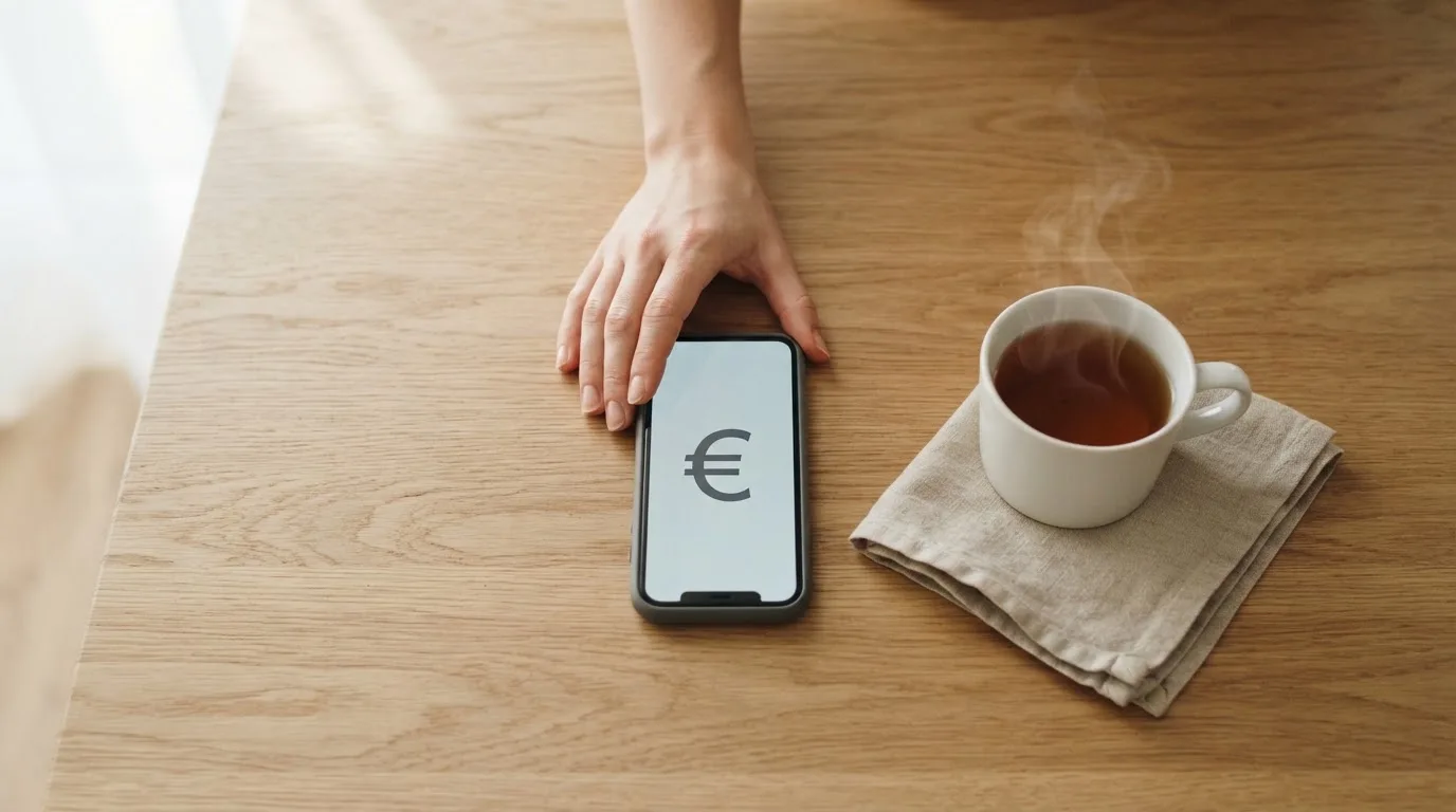 Una mano deja un móvil junto a una taza de té sobre la mesa de la cocina, una tarde tranquila