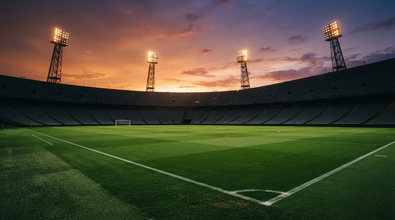 Un estadio de fútbol vacío con torres de iluminación al atardecer