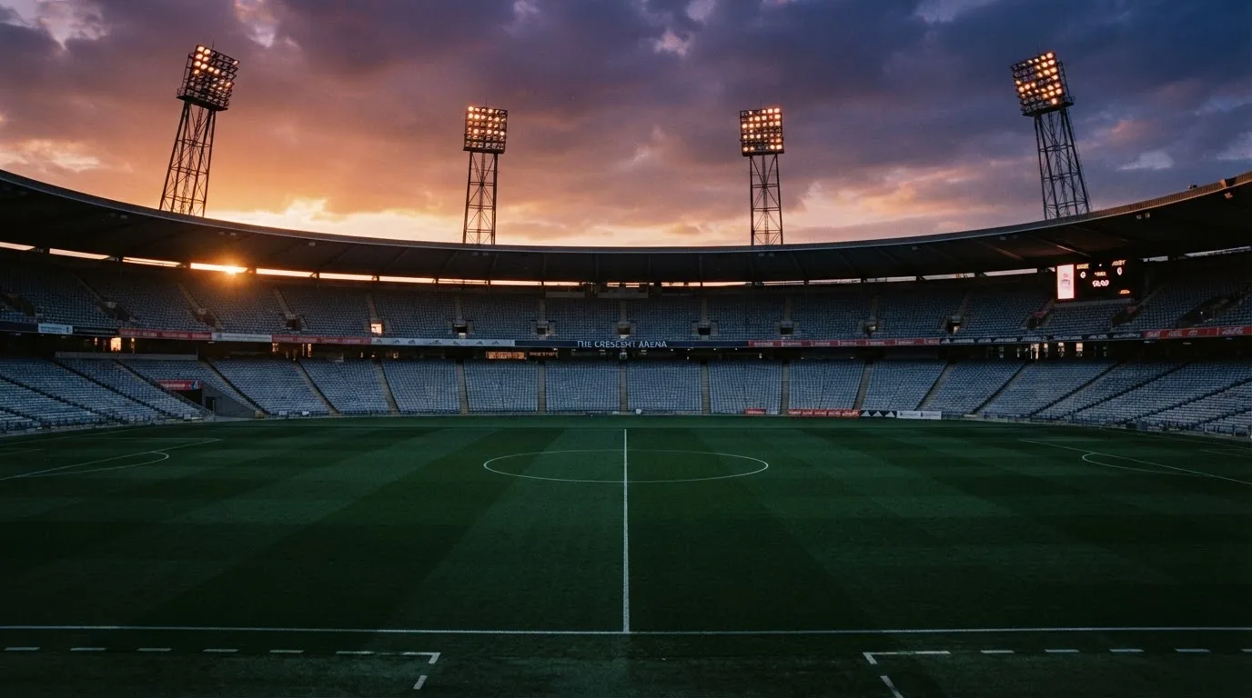 Un estadio de fútbol vacío con torres de iluminación al atardecer