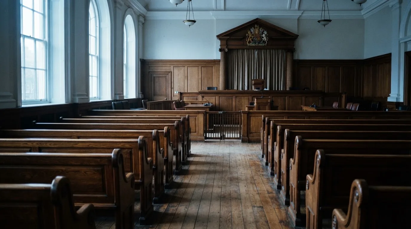 Una sala de tribunal vacía con bancos de madera a la luz de la mañana
