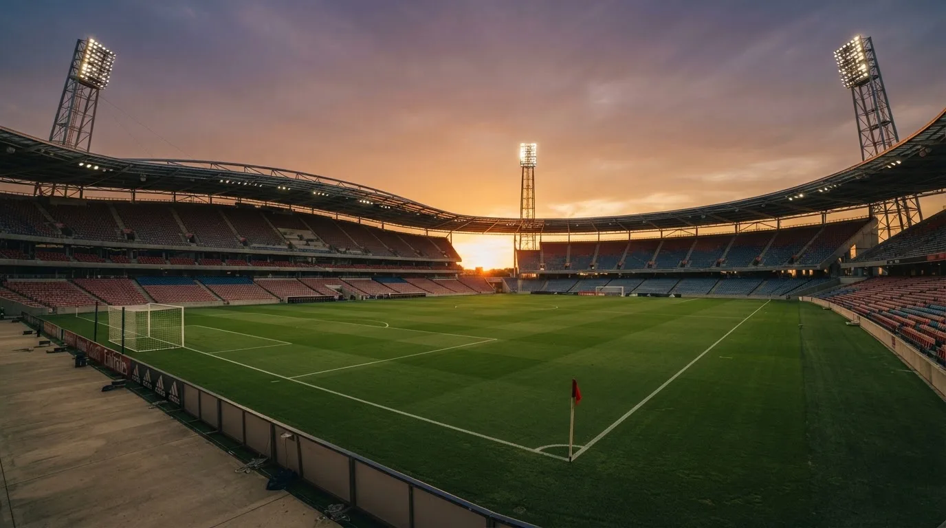 Un estadio de fútbol vacío con torres de iluminación al atardecer