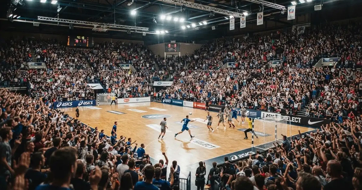 Un pabellón deportivo lleno bajo los focos, fotografiado desde muy lejos
