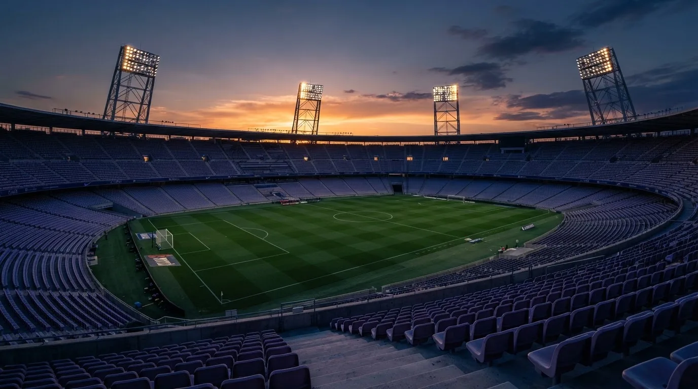 Un estadio de fútbol vacío con torres de iluminación al atardecer